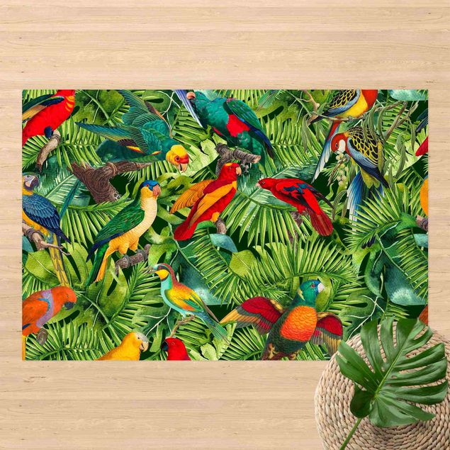 Tappeto per terrazzo esterno Collage colorato - Pappagalli nella giungla