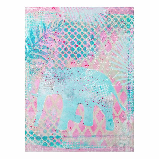 Stampa su alluminio spazzolato - Colorato collage - Elefante in blu e rosa - Verticale 4:3