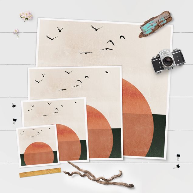 Poster - Stormo di uccelli allo spuntar del sole - Quadrato 1:1