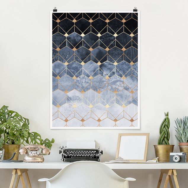 Poster - Blu Geometria Golden Art Deco - Verticale 4:3