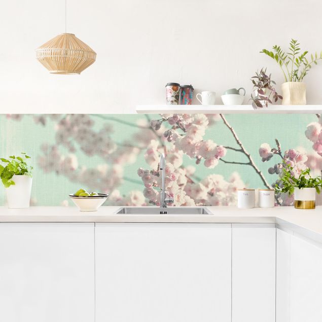 Rivestimenti cucina moderni Danza di fiori di ciliegio su struttura di lino