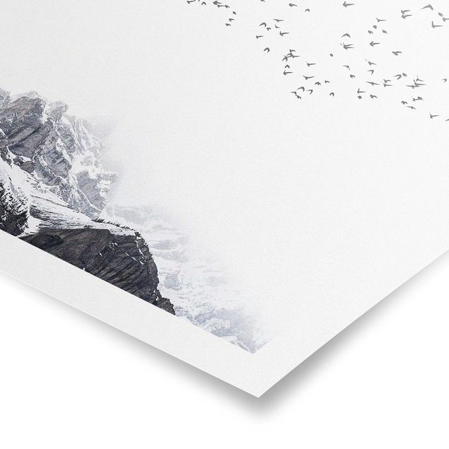 Poster - Stormo di uccelli davanti a montagne bianco e nero - Quadrato 1:1