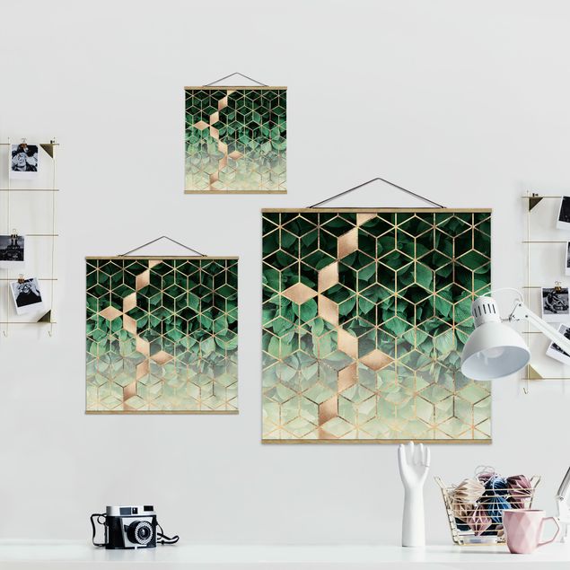 Quadro su tessuto con stecche per poster - Elisabeth Fredriksson - Verde Foglie d'oro Geometria - Quadrato 1:1