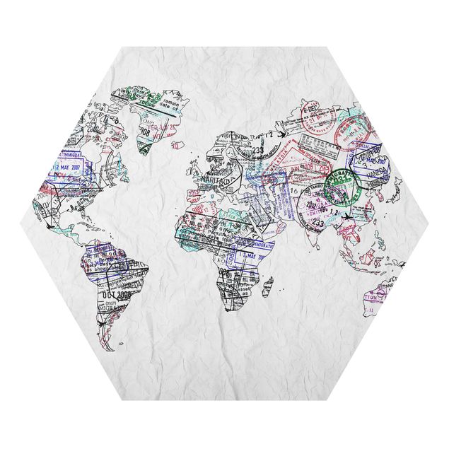 Esagono in Alluminio Dibond - Timbro del passaporto Mappa del mondo
