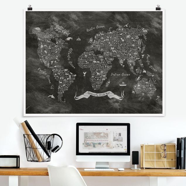 Poster bianco e nero formato orizzontale Mappa del mondo in gesso tipografico