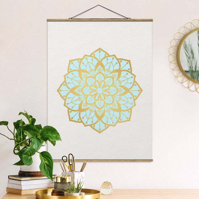 Foto su tessuto da parete con bastone - Mandala illustrazione Fiore Azzurro Oro - Verticale 4:3