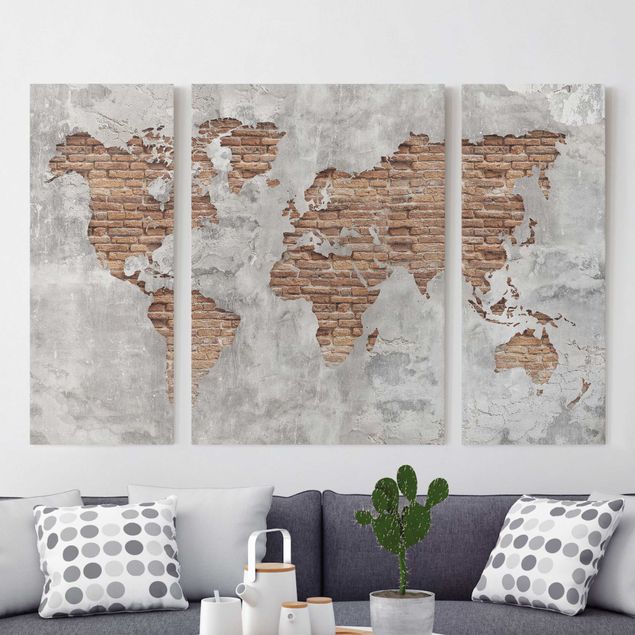 Mappamondo su tela Mappa del mondo in mattoni e cemento shabby