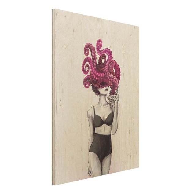 Stampa su legno - Illustrazione Donna In Biancheria Intima Bianco e nero Octopus - Verticale 4:3