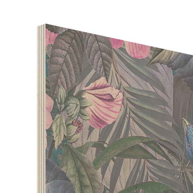Stampa su legno - Colorato collage - Fenicotteri Rosa In The Jungle - Verticale 3:2