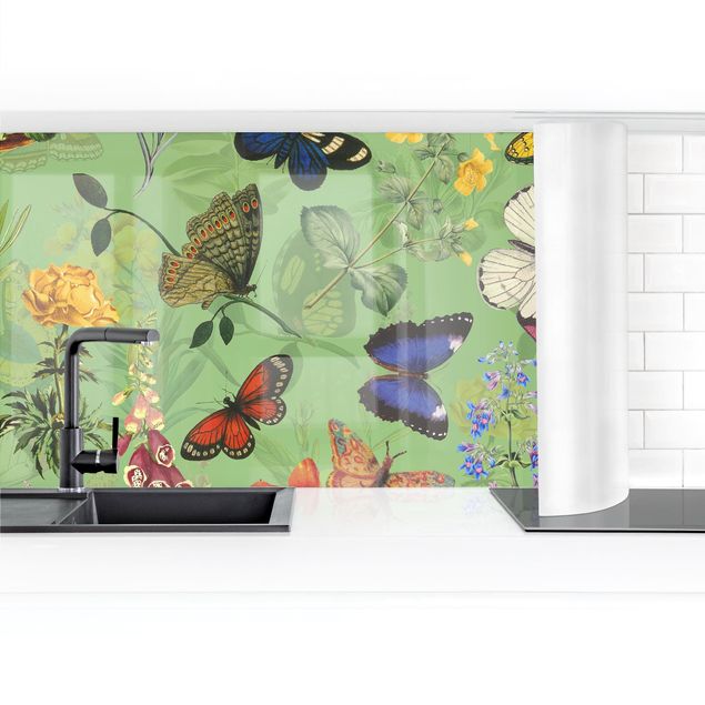 rivestimento cucina moderna Farfalle con fiori su verde