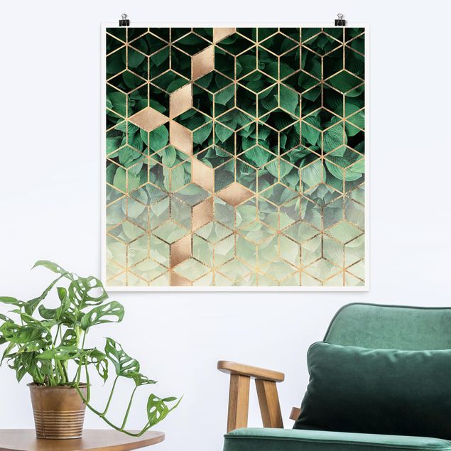 Poster acquerello Foglie verdi Geometria dorata