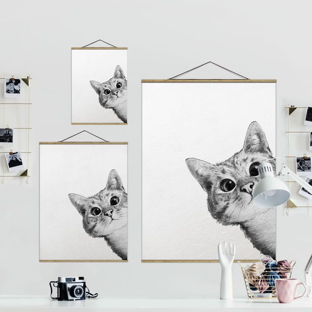 Foto su tessuto da parete con bastone - Laura Graves - Illustrazione Cat Disegno Nero Bianco - Verticale 4:3