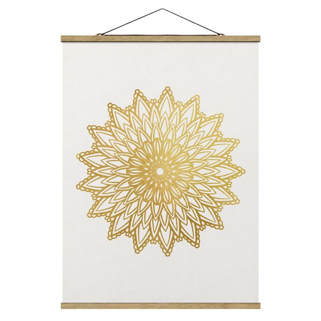Foto su tessuto da parete con bastone - Mandala Sun Illustrazione oro bianco - Verticale 4:3