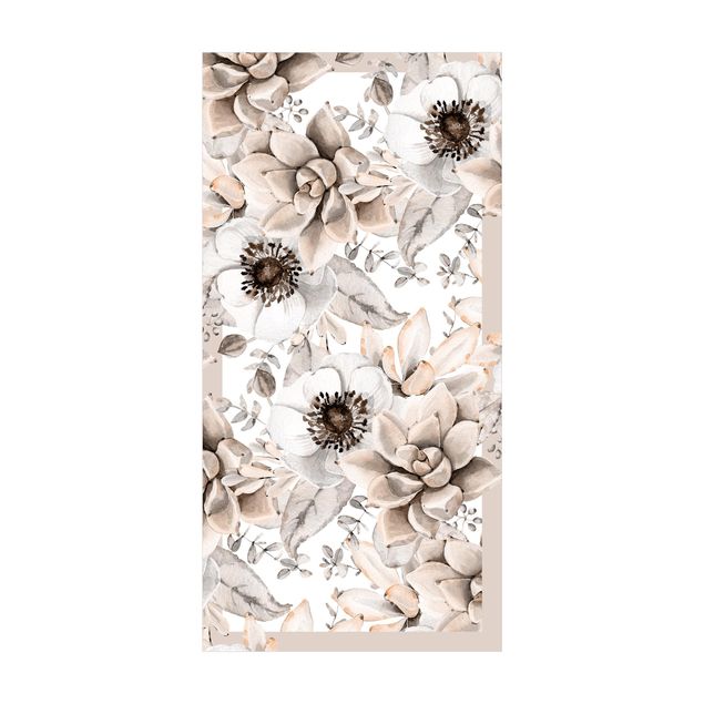 Tappeto beige salotto Composizione ad acquerello con succulente e boccioli di fiori