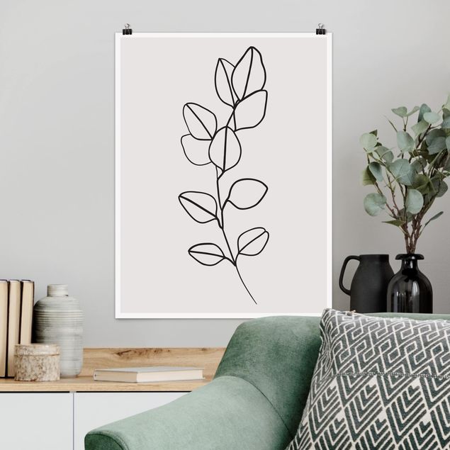 Poster Line Art Line Art - Ramo di foglie in bianco e nero