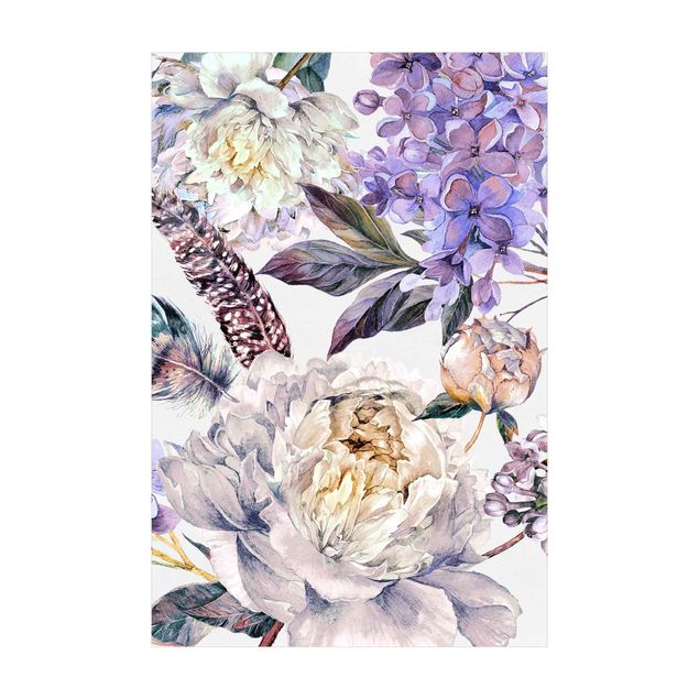 Tappeti color pastello Delicato motivo di fiori e piume Boho in acquerello