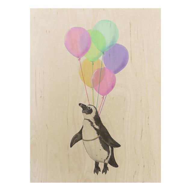 Stampa su legno - Illustrazione Penguin pastello Palloncini - Verticale 4:3