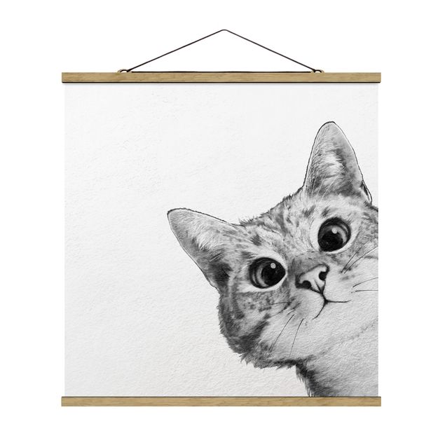 Quadro su tessuto con stecche per poster - Laura Graves - Illustrazione Cat Disegno Nero Bianco - Quadrato 1:1