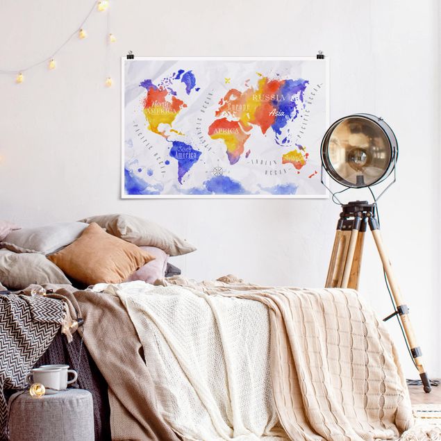 Poster acquerello Mappa del mondo acquerello viola rosso giallo