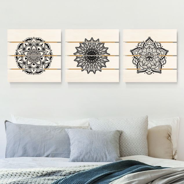 Quadro in legno effetto pallet - Mandala Fiore Sun Set di illustrazione Bianco e nero - Quadrato 1:1