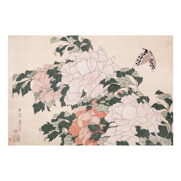 Paraschizzi in vetro - Katsushika Hokusai - Pink Peonies With Butterfly
