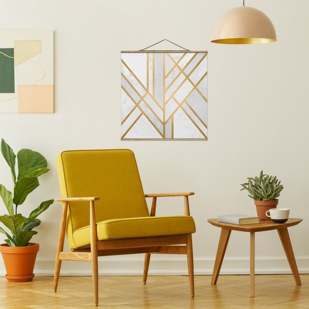 Quadro su tessuto con stecche per poster - Elisabeth Fredriksson - Art Deco Geometria oro bianco - Quadrato 1:1