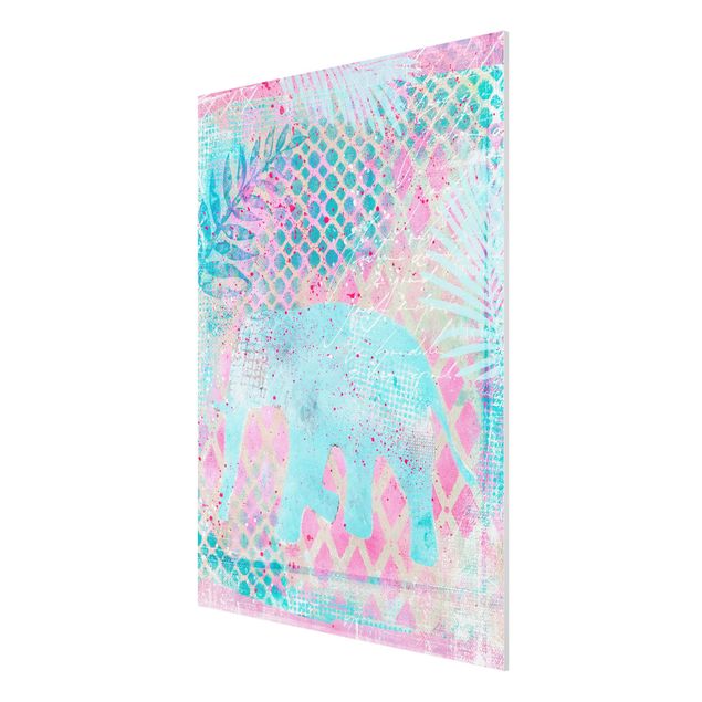Stampa su Forex - Colorato collage - Elefante in blu e rosa - Verticale 4:3