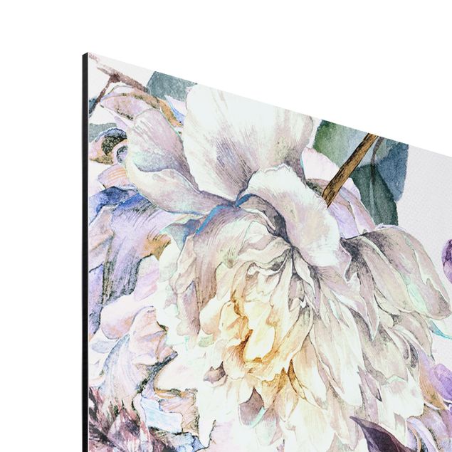 Stampa su alluminio - Trama di fiori delicati  e piume boho in acquerello