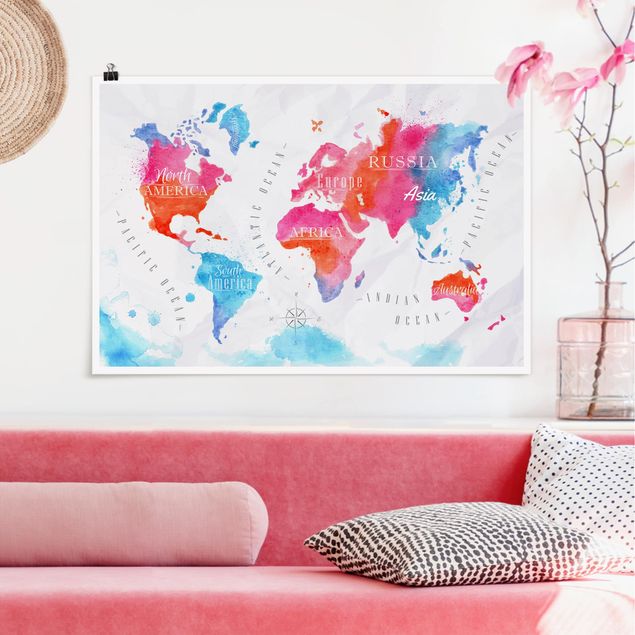 Poster illustrazioni Mappa del mondo Acquerello Rosso Blu