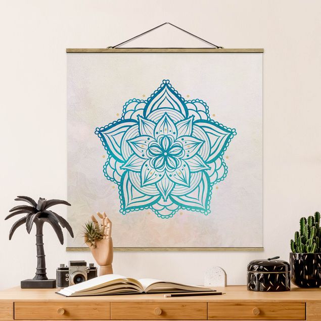 Quadro su tessuto con stecche per poster - Mandala illustrazione Mandala oro blu - Quadrato 1:1