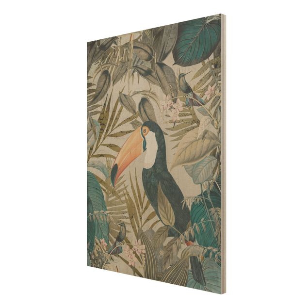 Stampa su legno - Vintage Collage - Toucan In The Jungle - Verticale 4:3