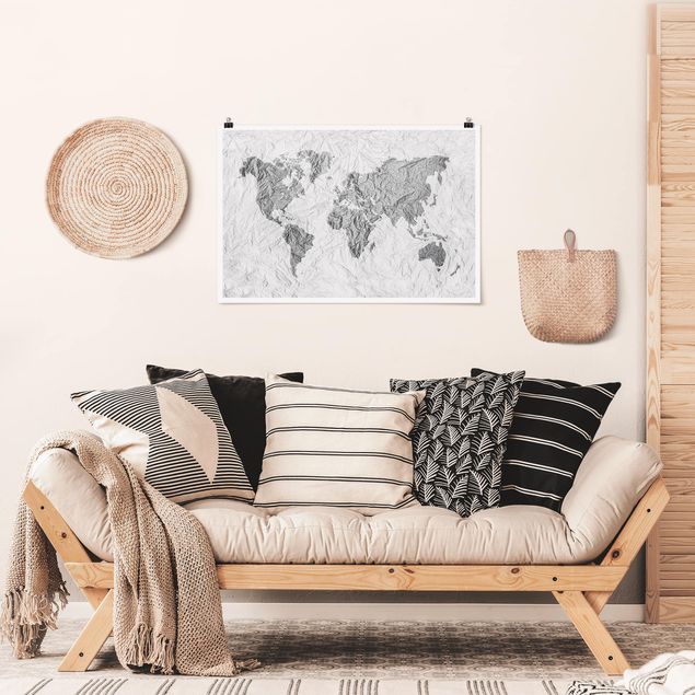 Poster - Paper World Map Bianco Grigio - Orizzontale 2:3