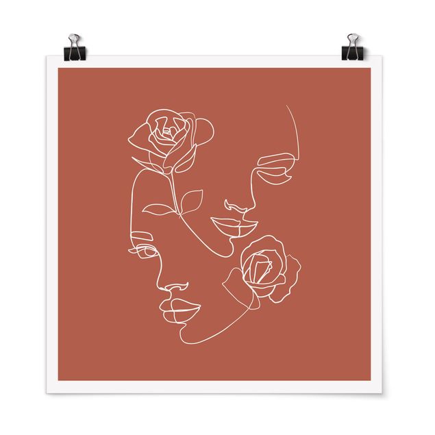 Poster - Line Art Faces donne Roses rame - Quadrato 1:1