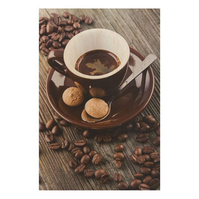 Stampa su legno - Fagioli della tazza di caffè con il caffè - Verticale 3:2