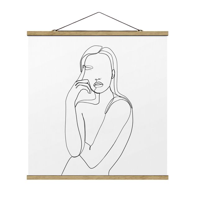 Quadro su tessuto con stecche per poster - Line Art Pensieroso donna Bianco e nero - Quadrato 1:1