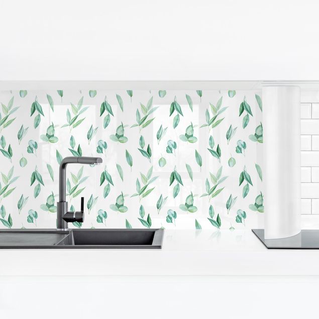 Rivestimento cucina verde Disegno acquerello di rami di eucalipto