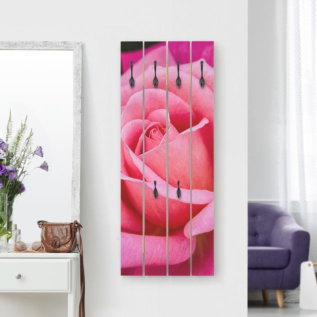 Appendiabiti in legno - Pink Rose Bloom di fronte al verde - Ganci cromati - Verticale