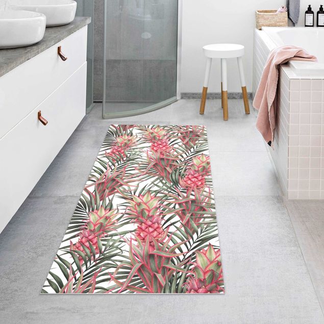 Tappeti bagno moderni Ananas rosso con foglie di palma tropicale