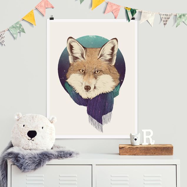 Poster - Illustrazione Fox Luna Viola Turchese - Verticale 4:3