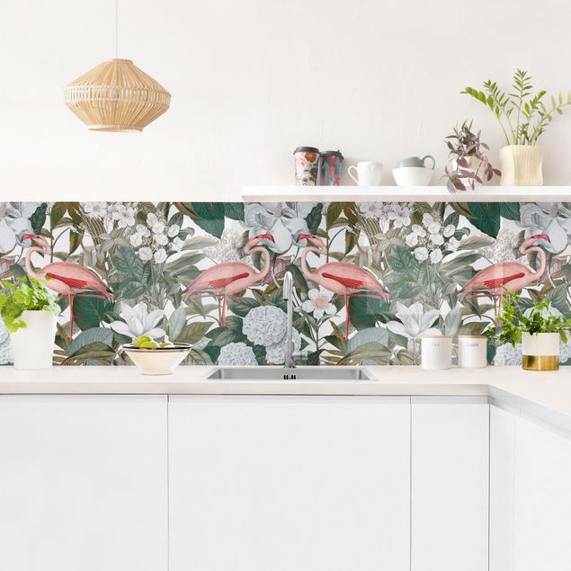 Rivestimenti cucina di plastica Fenicotteri rosa con foglie e fiori bianchi