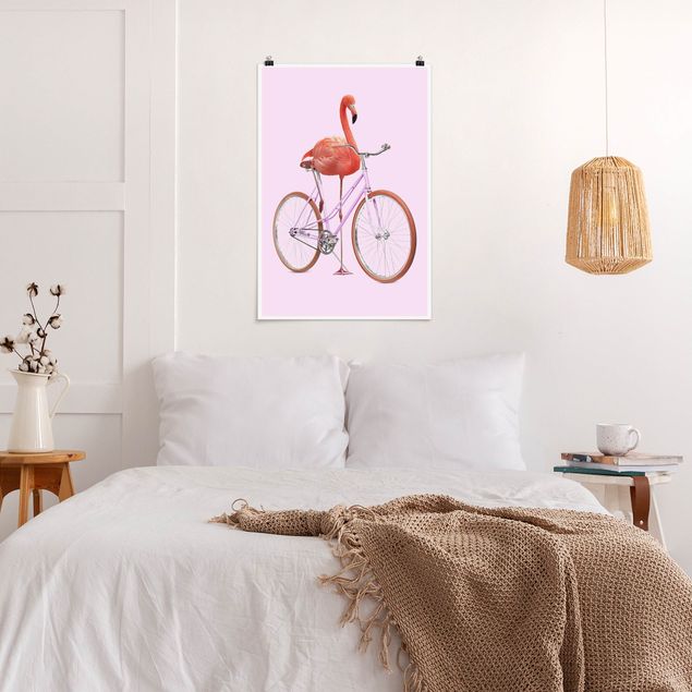 Poster cameretta bambini animali Fenicottero con bicicletta