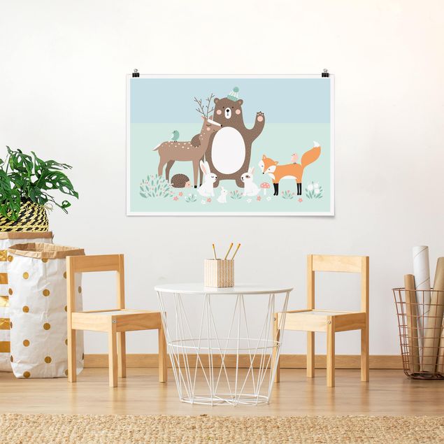 Poster cameretta bambini animali Amici della foresta con animali della foresta blu