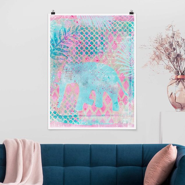 Quadri animali Collage colorato - Elefante in blu e rosa