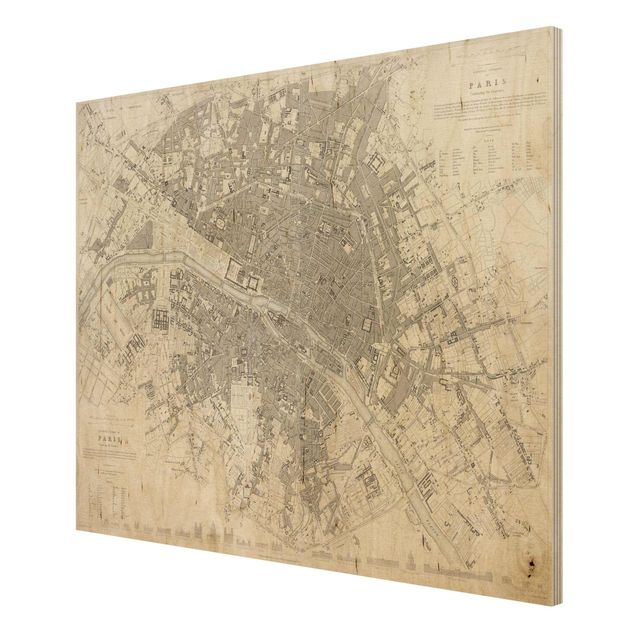 Stampa su legno - Vintage mappa di Parigi - Orizzontale 3:4