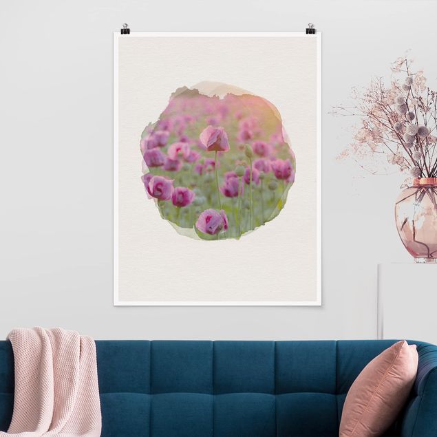 Poster acquerello Acquerelli - Prato di fiori di papavero viola in primavera