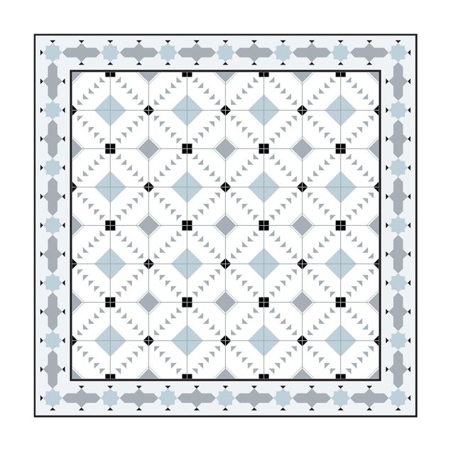 Tappeto salotto moderno grigio Piastrelle geometriche Ikat blu con bordo