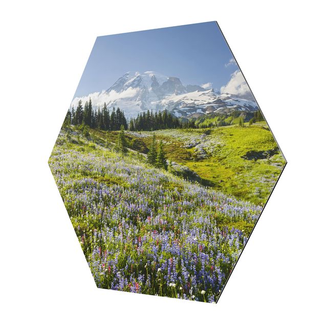 Esagono in Alluminio Dibond - Prato di montagna con fiori rossi davanti al Monte Rainier