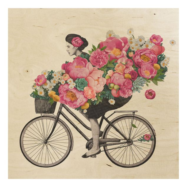 Stampa su legno - Illustrazione Donna in bicicletta Collage fiori variopinti - Quadrato 1:1