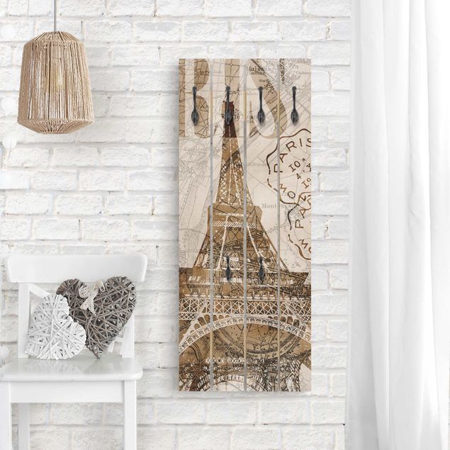 Appendiabiti in legno - Shabby Chic Collage - Parigi - Ganci cromati - Verticale