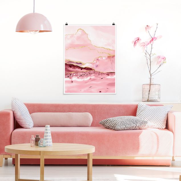 Poster acquerello Montagne astratte rosa con linee dorate